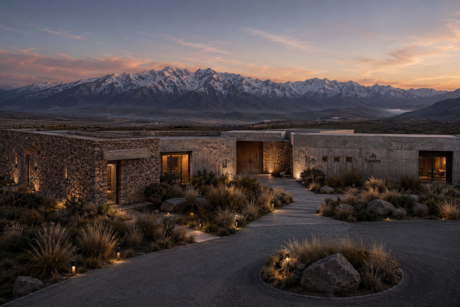 Ingreso a Tayén al atardecer con cordillera nevada de fondo