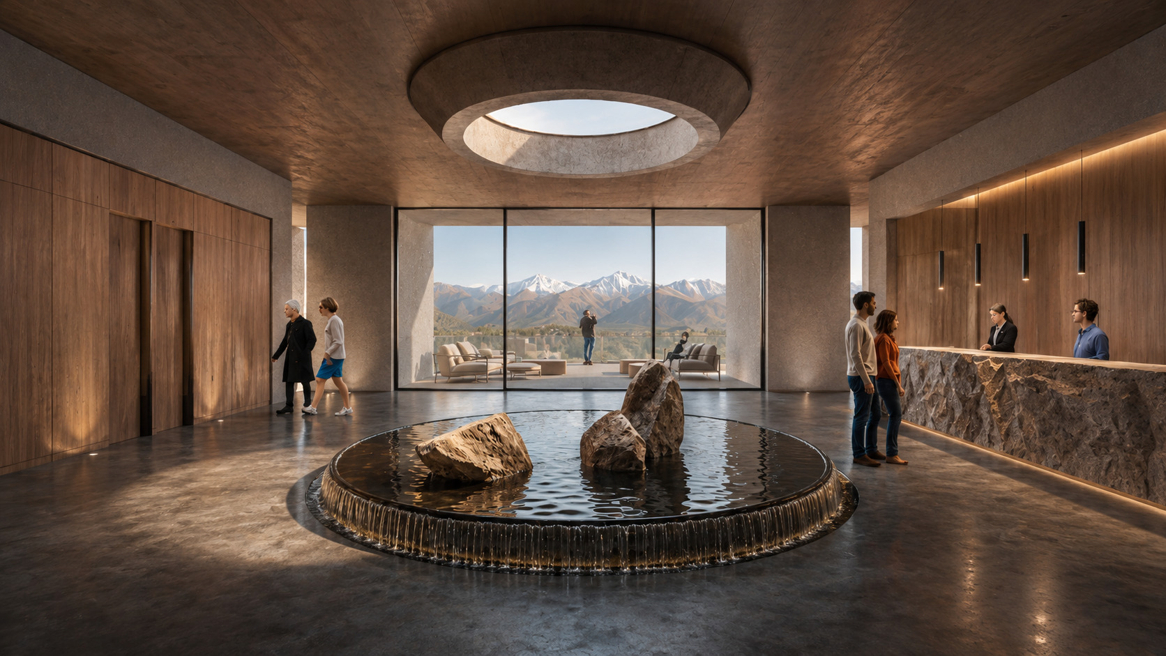 Recepción con fuente y vista a la cordillera