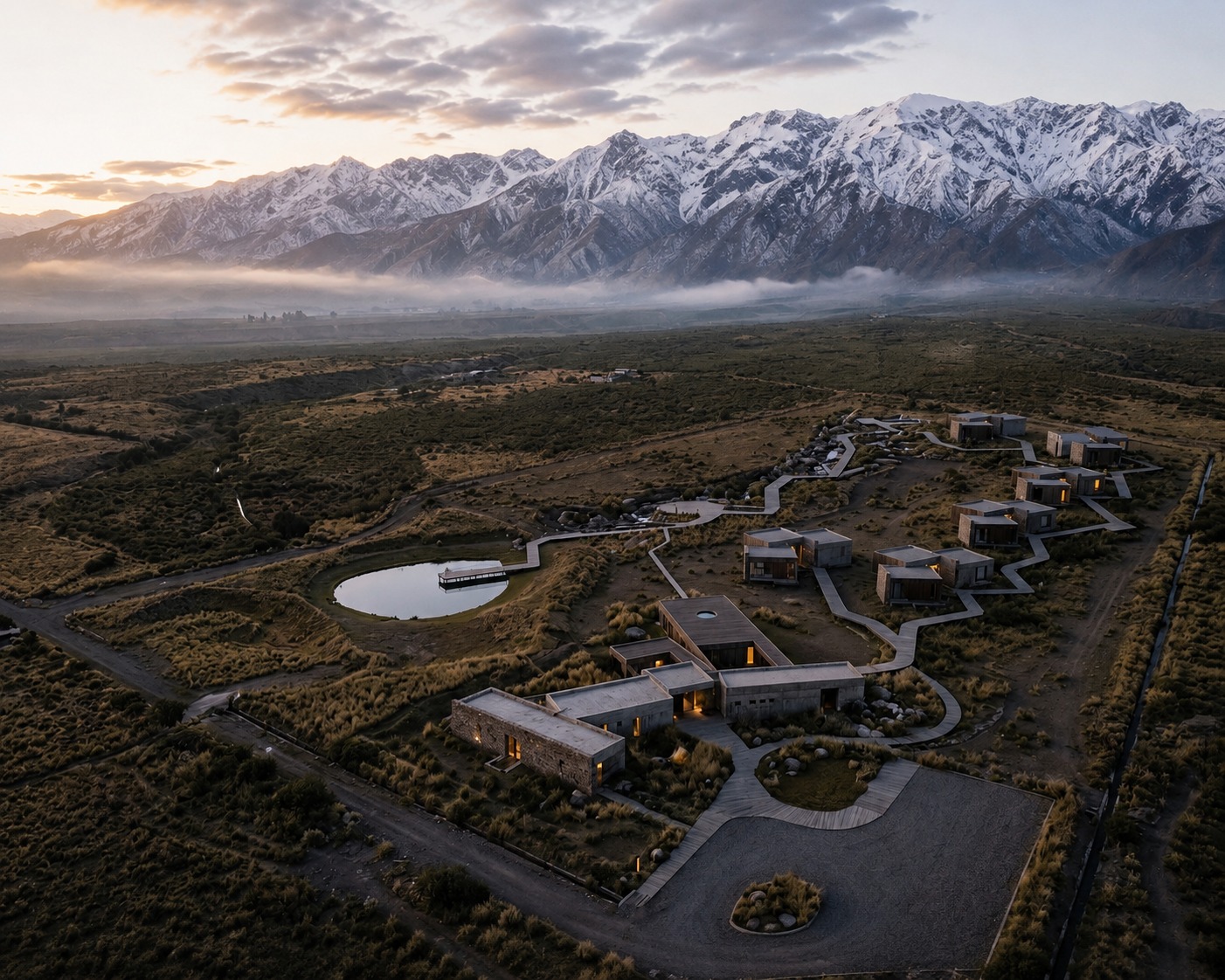 Render aéreo del masterplan de Tayén integrado al paisaje